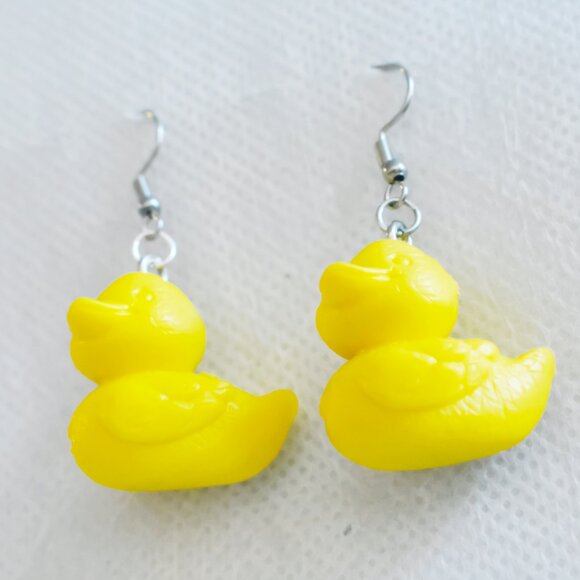 Yellow Toy Rubber Duck Drop Earrings Handmade Hypoallergenic Jewelry - Picture 2 of 7